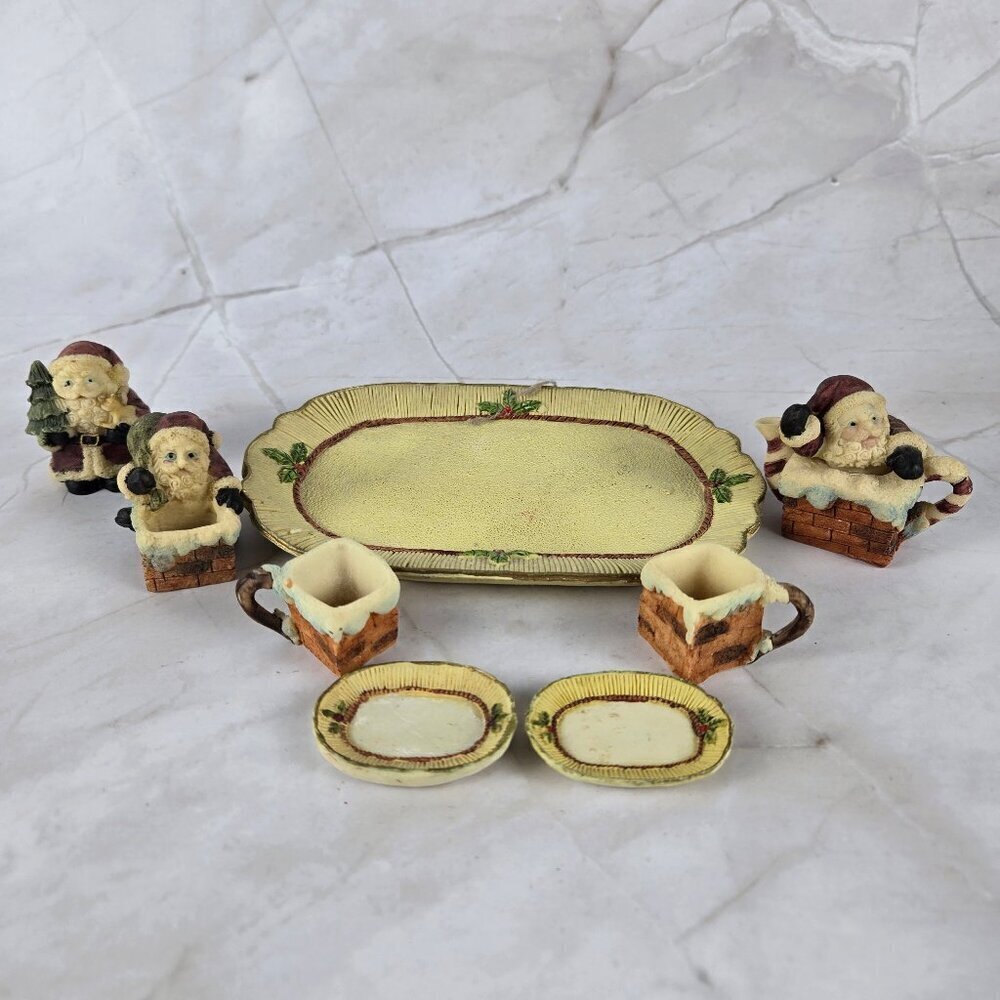 Resin Christmas Themed Miniature Tea Set Santa Claus Chimney 10 Piece